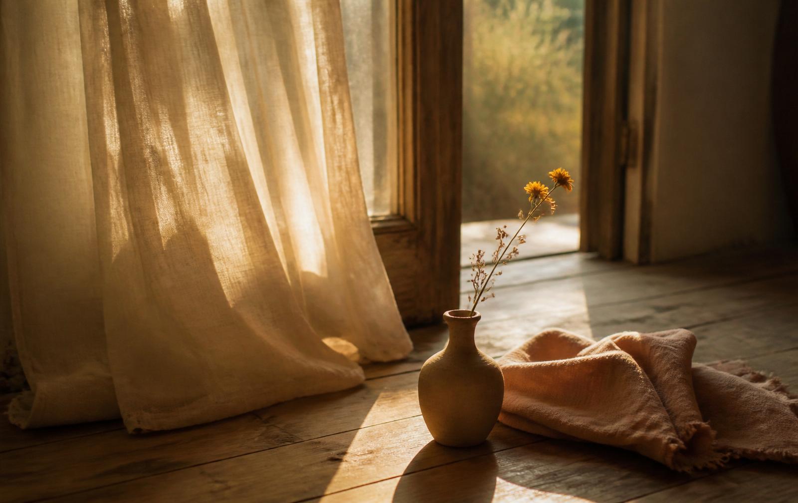 Golden hour light spilling through a sheer linen curtain onto a warm wooden floor, with a small ceramic vase of wildflowers and a folded linen throw