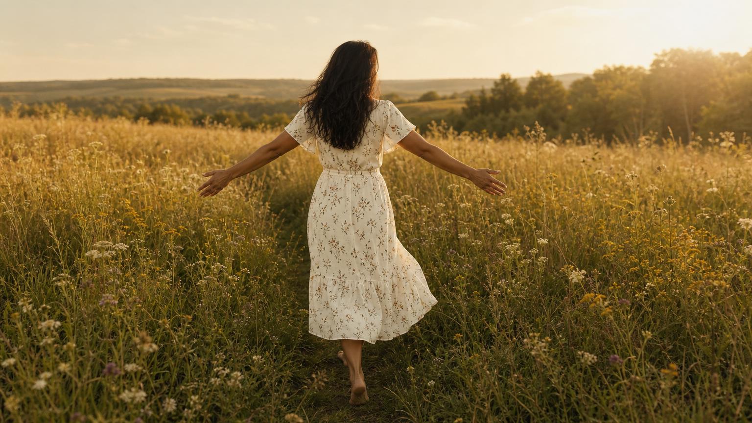 A woman walking barefoot through a sunlit meadow of tall grasses and wildflowers, arms gently open to the golden evening light