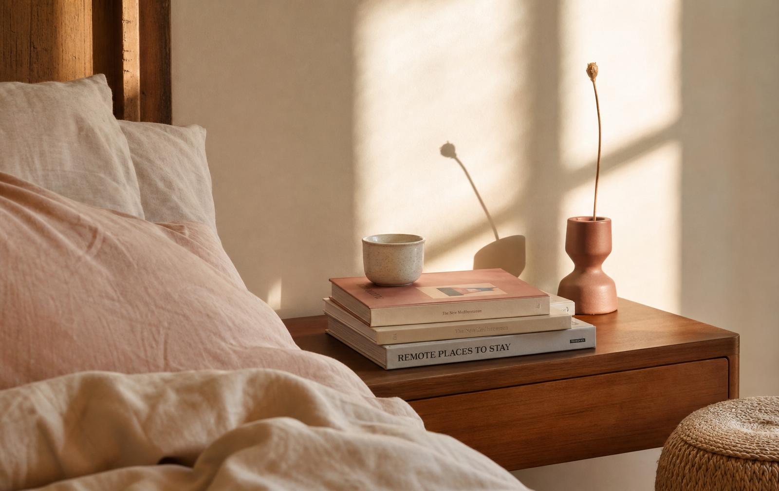 A sunlit bedside corner with a stack of books, a small ceramic cup and a single dried stem in a sculptural vase beside rumpled linen bedding