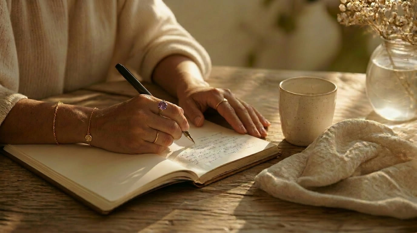 Feminine hands writing in a journal at a sunlit table, wearing delicate gold rings with gemstones